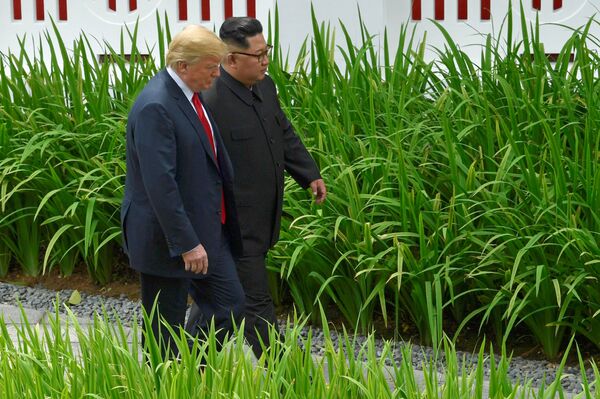 U.S. President Donald Trump and North Korean leader Kim Jong Un walk in the Capella Hotel after their working lunch, on Sentosa island in Singapore June 12, 2018 U.S. President Donald Trump and North Korean leader Kim Jong Un walk in the Capella Hotel after their working lunch, on Sentosa island in Singapore June 12, 2018 - Sputnik International
