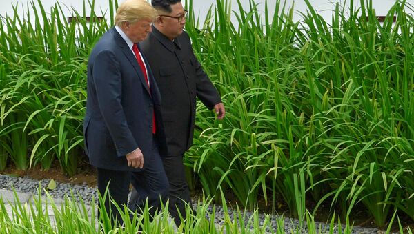 U.S. President Donald Trump and North Korean leader Kim Jong Un walk in the Capella Hotel after their working lunch, on Sentosa island in Singapore June 12, 2018 - Sputnik International