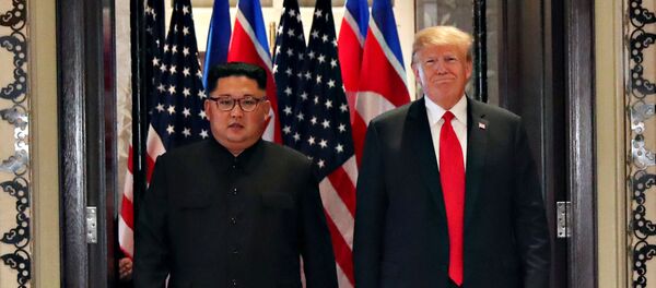 U.S. President Donald Trump and North Korea's leader Kim Jong Un arrive to sign documents that acknowledge the progress of the talks and pledge to keep momentum going, after their summit at the Capella Hotel on Sentosa island in Singapore June 12, 2018 U.S. President Donald Trump and North Korea's leader Kim Jong Un arrive to sign documents that acknowledge the progress of the talks and pledge to keep momentum going, after their summit at the Capella Hotel on Sentosa island in Singapore June 12, 2018 - Sputnik International