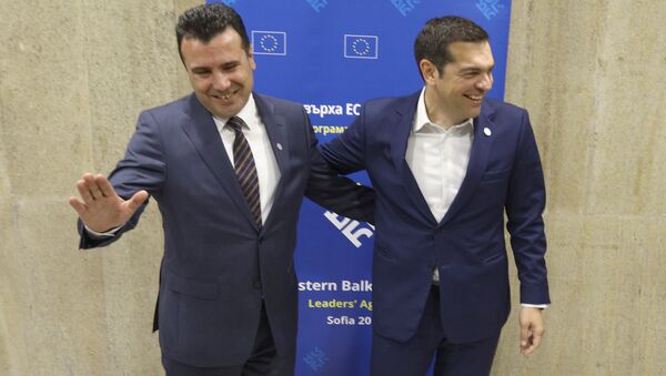 Greek Prime Minister Alexis Tsipras meets with Macedonian Prime Minister Zoran Zaev at the EU-Western Balkans Summit in Sofia, Bulgaria, May 17, 2018 - Sputnik International