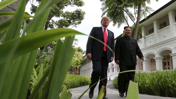 U.S. President Donald Trump and North Korea's leader Kim Jong Un walk together before their working lunch during their summit at the Capella Hotel on the resort island of Sentosa, Singapore June 12, 2018 - Sputnik International