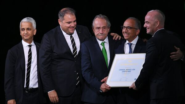 Member of the FIFA executive committee Sunil Gulati, president of the Football Confederation of the North and Central America and the Caribbean (CONCACAF) Victor Montaliani, President of the Mexican Football Association Justino Compean, President of the US Football Association Carlos Cordeiro, FIFA President Gianni Infantino (from left to right) at the 68th Congress of the International Football Federation. Congress decided to hold the World Cup in football in 2026 in Mexico, the US and Canada. - Sputnik International
