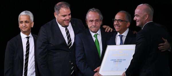Member of the FIFA executive committee Sunil Gulati, president of the Football Confederation of the North and Central America and the Caribbean (CONCACAF) Victor Montaliani, President of the Mexican Football Association Justino Compean, President of the US Football Association Carlos Cordeiro, FIFA President Gianni Infantino (from left to right) at the 68th Congress of the International Football Federation. Congress decided to hold the World Cup in football in 2026 in Mexico, the US and Canada. - Sputnik International