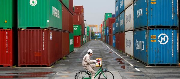 A worker rides a bicycle in a container area at a port in Tokyo (File) - Sputnik International