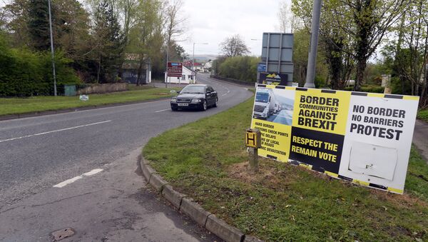 (File) In this photograph taken on April 26, 2017, Brexit posters are pictured at the border crossing at Muff in Co Donegal near Lough Foyle, on the border with Northern Ireland and Donegal in the Republic of Ireland - Sputnik International