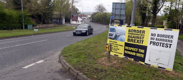 (File) In this photograph taken on April 26, 2017, Brexit posters are pictured at the border crossing at Muff in Co Donegal near Lough Foyle, on the border with Northern Ireland and Donegal in the Republic of Ireland - Sputnik International