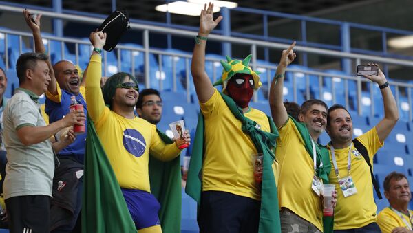 Brazilians fans gesture as they wait for the start of the group E match between Brazil and Switzerland at the 2018 soccer World Cup in the Rostov Arena in Rostov-on-Don, Russia, Sunday, June 17, 2018. (AP Photo/Darko Vojinovic) - Sputnik International