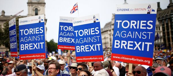 EU supporters, calling on the government to give Britons a vote on the final Brexit deal, listen to a speaker in Parliament Square, after participating in the 'People's Vote' march in central London, Britain June 23, 2018 - Sputnik International