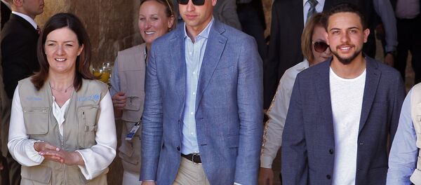 Britain's Prince William (C) and Jordanian Crown Prince Hussein bin Abdullah (R) visit the Jerash archaeological site, some 50 kilometres north of the Jordanian capital Amman, on June 25, 2018. Britain's Prince William (C) and Jordanian Crown Prince Hussein bin Abdullah (R) visit the Jerash archaeological site, some 50 kilometres north of the Jordanian capital Amman, on June 25, 2018. - Sputnik International