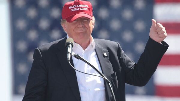 US President Donald Trump, then candidate Donald Trump, wears a Make America Great Again hat  at a rally in Arizona. - Sputnik International