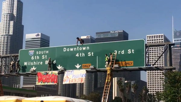 California man shuts down southbound lanes of Los Angeles' 110 Freeway after climbing on top of traffic signs - Sputnik International