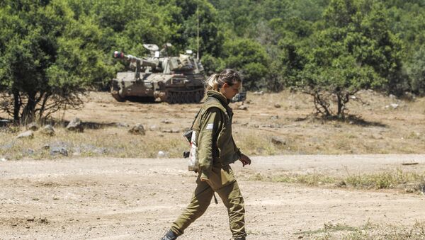 An Israeli soldier walks as a mobile artillery piece is seen deployed in the background near the border with Syria in the Israeli-annexed Syrian Golan Heights on July 1, 2018 - Sputnik International