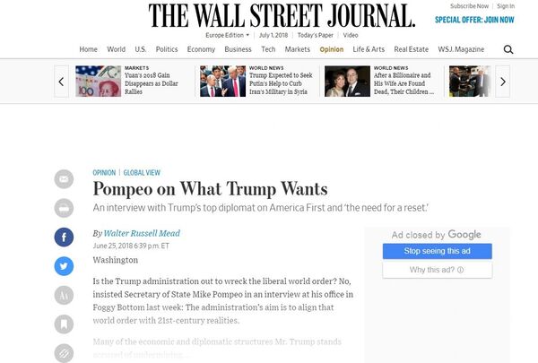 Pompeo's interview with The Wall Street Journal - Sputnik International