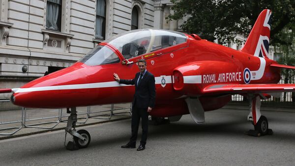 Britain's Defence Secretary Gavin Williamson poses alongside a replica British Royal Air Force's (RAF) Red Arrows BAE Hawk aircraft outside numbers 10 and 11 Downing Street in central London on May 23, 2018, as part of the RAF's 2018 centenary celebrations - Sputnik International