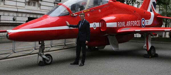 Britain's Defence Secretary Gavin Williamson poses alongside a replica British Royal Air Force's (RAF) Red Arrows BAE Hawk aircraft outside numbers 10 and 11 Downing Street in central London on May 23, 2018, as part of the RAF's 2018 centenary celebrations Britain's Defence Secretary Gavin Williamson poses alongside a replica British Royal Air Force's (RAF) Red Arrows BAE Hawk aircraft outside numbers 10 and 11 Downing Street in central London on May 23, 2018, as part of the RAF's 2018 centenary celebrations - Sputnik International