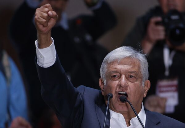 Presidential candidate Andres Manuel Lopez Obrador delivers his victory speech in Mexico City's main square, the Zocalo, late Sunday, July 1, 2018. - Sputnik International