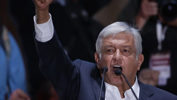Presidential candidate Andres Manuel Lopez Obrador delivers his victory speech in Mexico City's main square, the Zocalo, late Sunday, July 1, 2018. - Sputnik International