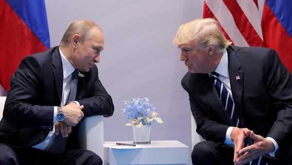 Russia's President Vladimir Putin talks to U.S. President Donald Trump during their bilateral meeting at the G20 summit in Hamburg, Germany, July 7, 2017 - Sputnik International