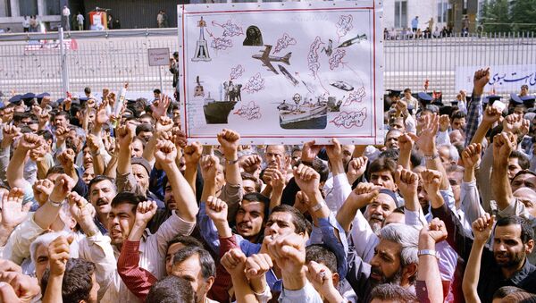 Thousands of Iranians chanting Death to America, participate in a mass funeral for 76 people killed when the USS Vincennes shot down Iran Air Flight 655, in Tehran, Iran, July 7, 1988 - Sputnik International