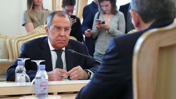 Russian Foreign Minister Sergei Lavrov during talks with Minister of Foreign Affairs and Expatriates of the Hashemite Kingdom of Jordan Ayman Safadi at the Foreign Ministry Reception House. - Sputnik International