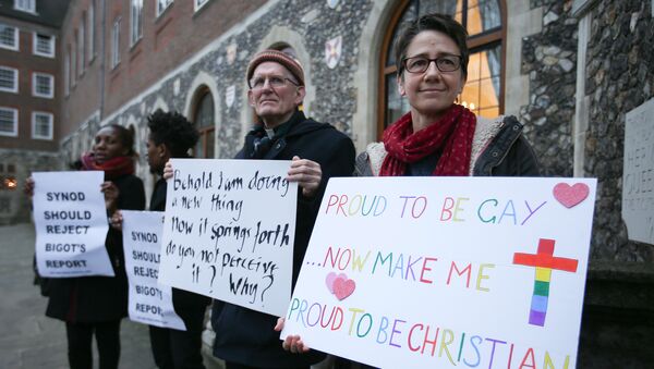 Demonstrators hold placards as they protest outside Church House, the venue of the Church of England's General Synod, in London on February 15, 2017 - Sputnik International