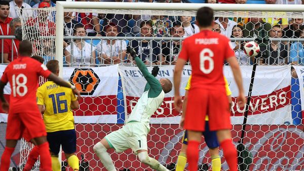 Sweden's goalkeeper Robin Olsen misses a goal during the World Cup quarterfinal soccer match between Sweden and England at the Samara Arena, in Samara, Russia, July 7, 2018 - Sputnik International