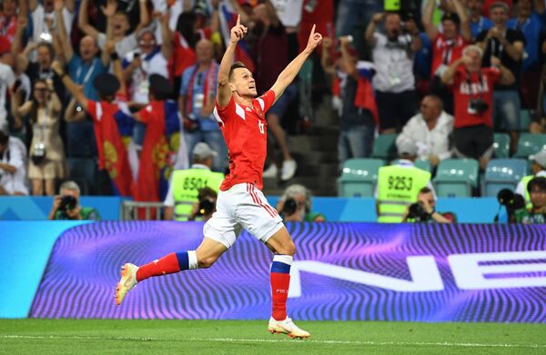 Russia's midfielder Denis Cheryshev triumphs after he scored a goal in the match against Croatia. Russia's midfielder Denis Cheryshev triumphs after he scored a goal in the match against Croatia. - Sputnik International