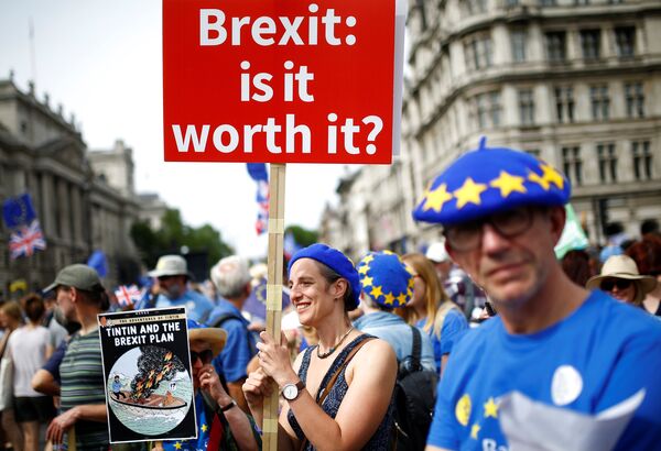 A woman holds a placard as she joins EU supporters, calling on the government to give Britons a vote on the final Brexit deal, participating in the 'People's Vote' march in central London, Britain June 23, 2018 A woman holds a placard as she joins EU supporters, calling on the government to give Britons a vote on the final Brexit deal, participating in the 'People's Vote' march in central London, Britain June 23, 2018 - Sputnik International