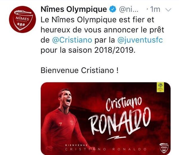 The tweet from the official Nîmes account, now deleted, announcing Cristiano as a new loan signing for the upcoming season - Sputnik International