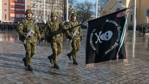 Military officers march during a military parade to celebrate 100 years since Estonia declared independence for the first time in 1918, in Tallinn on February 24, 2018 - Sputnik International