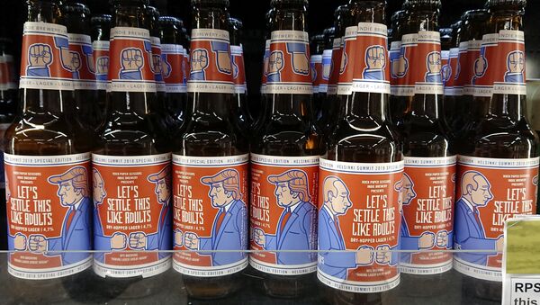 Beer labelled Let's Settle This Like Adults produced by Finnish Rock Paper Scissors brewing company is seen in a grocery store ahead of U.S President Donald Trump and Russian President Vladimir Putin's summit in Helsinki, Finland, July 11, 2018 - Sputnik International