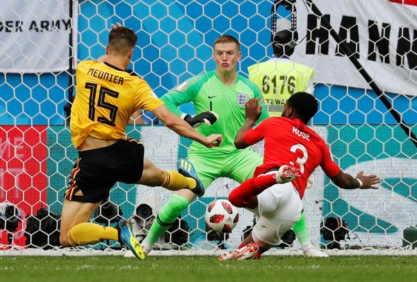 Soccer Football - World Cup - Third Place Play Off - Belgium v England - Saint Petersburg Stadium, Saint Petersburg, Russia - July 14, 2018 Belgium's Thomas Meunier scores their first goal Soccer Football - World Cup - Third Place Play Off - Belgium v England - Saint Petersburg Stadium, Saint Petersburg, Russia - July 14, 2018 Belgium's Thomas Meunier scores their first goal - Sputnik International