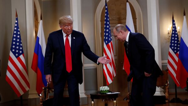U.S. President Donald Trump meets with Russia's President Vladimir Putin in Helsinki, Finland, July 16, 2018 - Sputnik International