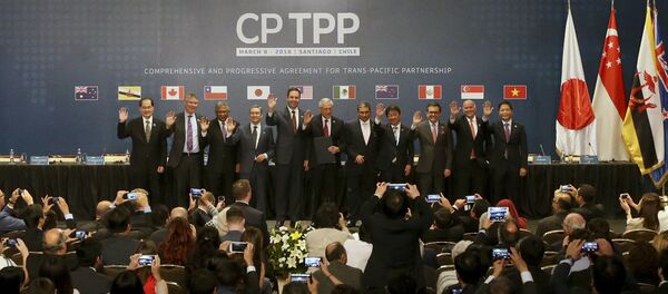(File) From left, Singapore's Minister for Trade and Industry Lim Hng Kiang, New Zealand Trade Minister David Parker, General Secretary Ministry of International Trade and Industry of Malaysia Y.Bhg. Datuk J. Jayasiri, Canada's Minister of International Trade Francois-Philippe Champagne, Australian Minister for Trade and Investment Steven Ciobo, Chile's Foreing Minister Heraldo Munoz, Brunei's Foreign Minister Haji Erawan bin Pehin Yusof, Japan's Trans-Pacific Partnership minister Toshimitsu Motegi, Secretary of Economy of Mexico Idelfonso Guajardo, Peru's Trade Minister Eduardo Ferreyros and Vietnamese Trade Minister Tran Tuan Anh, poses for a pictures after the signing ceremony of the Comprehensive and Progressive Agreement for Trans-Pacific Partnership, CP TPP, in Santiago, Chile, Thursday, March 8, 2018 (File) From left, Singapore's Minister for Trade and Industry Lim Hng Kiang, New Zealand Trade Minister David Parker, General Secretary Ministry of International Trade and Industry of Malaysia Y.Bhg. Datuk J. Jayasiri, Canada's Minister of International Trade Francois-Philippe Champagne, Australian Minister for Trade and Investment Steven Ciobo, Chile's Foreing Minister Heraldo Munoz, Brunei's Foreign Minister Haji Erawan bin Pehin Yusof, Japan's Trans-Pacific Partnership minister Toshimitsu Motegi, Secretary of Economy of Mexico Idelfonso Guajardo, Peru's Trade Minister Eduardo Ferreyros and Vietnamese Trade Minister Tran Tuan Anh, poses for a pictures after the signing ceremony of the Comprehensive and Progressive Agreement for Trans-Pacific Partnership, CP TPP, in Santiago, Chile, Thursday, March 8, 2018 - Sputnik International