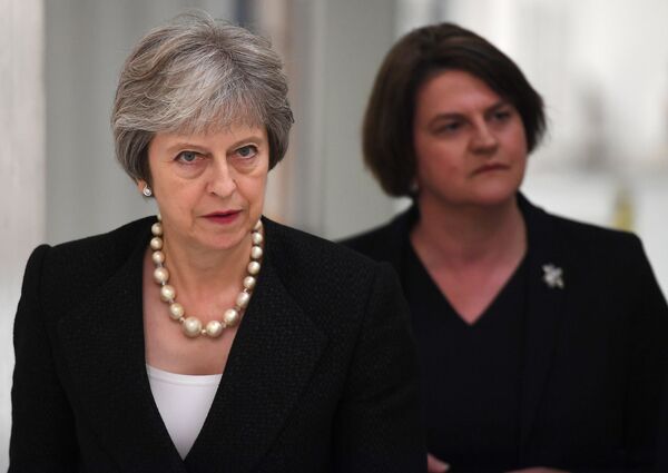 Britain's Prime Minister Theresa May and Arlene Foster, the leader of the Democratic Unionist Party (DUP) visit Belleek Pottery, in St Belleek, Fermanagh, Northern Ireland, July 19, 2018. Britain's Prime Minister Theresa May and Arlene Foster, the leader of the Democratic Unionist Party (DUP) visit Belleek Pottery, in St Belleek, Fermanagh, Northern Ireland, July 19, 2018. - Sputnik International