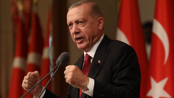 Turkish President Tayyip Erdogan delivers a speech during a ceremony marking the second anniversary of the attempted coup at the Presidential Palace in Ankara, Turkey, on July 15, 2018 - Sputnik International