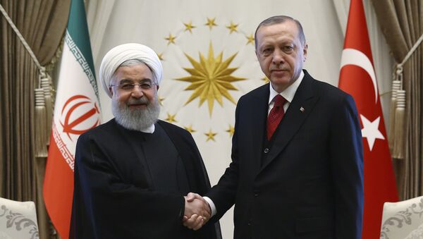 Turkey's President Recep Tayyip Erdogan, right, and Iran's President Hassan Rouhani shake hands before a meeting in Ankara, Turkey, April 4, 2018 - Sputnik International