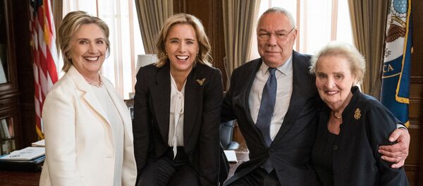 Three former U.S. secretaries of state, Hillary Clinton (L), Colin Powell (2nd R) and Madeleine Albright (R) are pictured with fictional Secretary of State Elizabeth McCord, played by Tea Leoni (2nd L) on political television drama Madam Secretary, in this picture released by CBS in New York, NY, U.S., July 24, 2018 Three former U.S. secretaries of state, Hillary Clinton (L), Colin Powell (2nd R) and Madeleine Albright (R) are pictured with fictional Secretary of State Elizabeth McCord, played by Tea Leoni (2nd L) on political television drama Madam Secretary, in this picture released by CBS in New York, NY, U.S., July 24, 2018 - Sputnik International