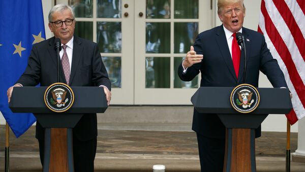 President Donald Trump and European Commission president Jean-Claude Juncker speak in the Rose Garden of the White House, Wednesday, July 25, 2018, in Washington - Sputnik International