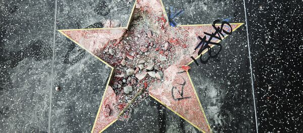 This photo shows Donald Trump's star on the Hollywood Walk of Fame that was vandalized Wednesday, July 25, 2018, in Los Angeles. Los Angeles police Officer Ray Brown said the vandalism was reported early Wednesday and someone was subsequently taken into custody. Authorities said a pickax was used in the vandalism This photo shows Donald Trump's star on the Hollywood Walk of Fame that was vandalized Wednesday, July 25, 2018, in Los Angeles. Los Angeles police Officer Ray Brown said the vandalism was reported early Wednesday and someone was subsequently taken into custody. Authorities said a pickax was used in the vandalism - Sputnik International
