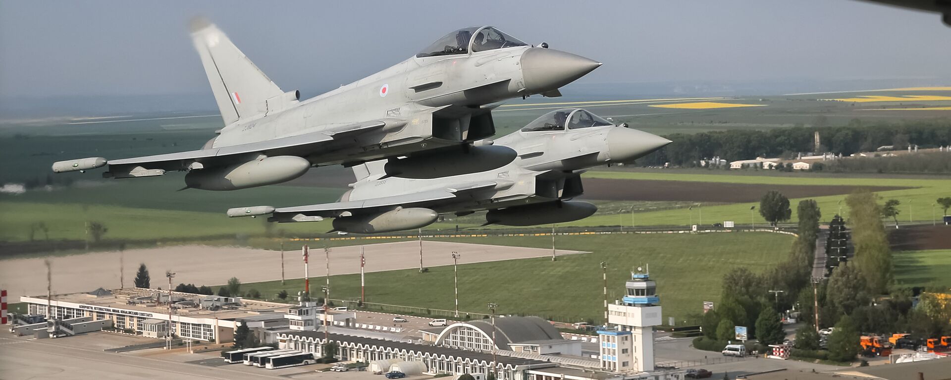 (File) Royal Air Force Eurofighter Typhoon fighter jets fly above the Mihail Kogalniceanu airport, eastern Romania, Friday, April 27, 2018 - Sputnik International, 1920, 18.02.2023