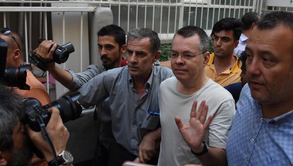 U.S. pastor Andrew Brunson reacts as he arrives at his home after being released from the prison in Izmir, Turkey July 25, 2018 - Sputnik International