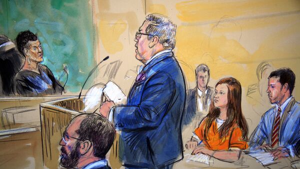 This courtroom sketch depicts Maria Butina, in orange suit, a 29-year-old gun-rights activist suspected of being a covert Russian agent, listening to her attorney Robert Driscoll, standing, as he speaks to Judge Deborah Robinson, left, during a hearing in federal court in Washington, Wednesday, July 18, 2018. Assistant U.S. Attorney Erik Kenerson, bottom left, and co-defense attorney's Alfred Carry, right, listen. Prosecutors say Butina was likely in contact with Kremlin operatives while living in the United States. And prosecutors also are accusing her of using sex and deception to forge influential connections - Sputnik International