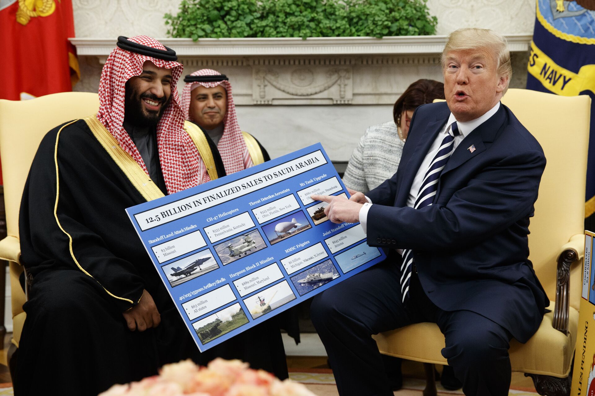 President Donald Trump shows a chart highlighting arms sales to Saudi Arabia during a meeting with Saudi Crown Prince Mohammed bin Salman in the Oval Office of the White House, Tuesday, March 20, 2018, in Washington - Sputnik International, 1920, 13.09.2021