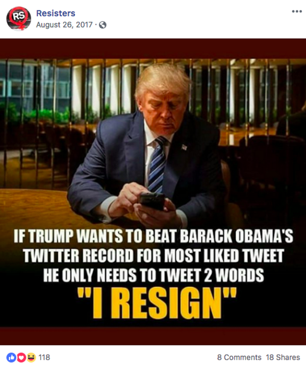 Anti-Trump Facebook post from the Resisters page, which has been accused of being set up by the alleged Russian troll farm Internet Research Agency. - Sputnik International