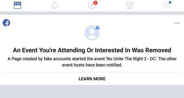 Notice Facebook sent to users that RSVP'd to the No Unite the Right 2 - DC protest. Notice Facebook sent to users that RSVP'd to the No Unite the Right 2 - DC protest. - Sputnik International
