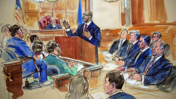 This courtroom sketch depicts Paul Manafort, seated right row second from right, together with his lawyers, the jury, seated left, and the U.S. District Court Judge T.S. Ellis III, back center, listening to Assistant U.S. Attorney Uzo Asonye, standing, during opening arguments in the trial of President Donald Trump's former campaign chairman Manafort's on tax evasion and bank fraud charges. - Sputnik International
