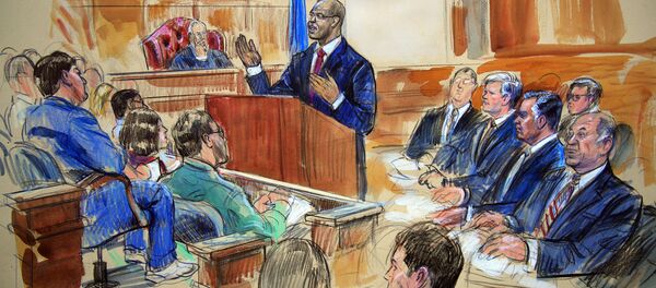 This courtroom sketch depicts Paul Manafort, seated right row second from right, together with his lawyers, the jury, seated left, and the U.S. District Court Judge T.S. Ellis III, back center, listening to Assistant U.S. Attorney Uzo Asonye, standing, during opening arguments in the trial of President Donald Trump's former campaign chairman Manafort's on tax evasion and bank fraud charges. - Sputnik International