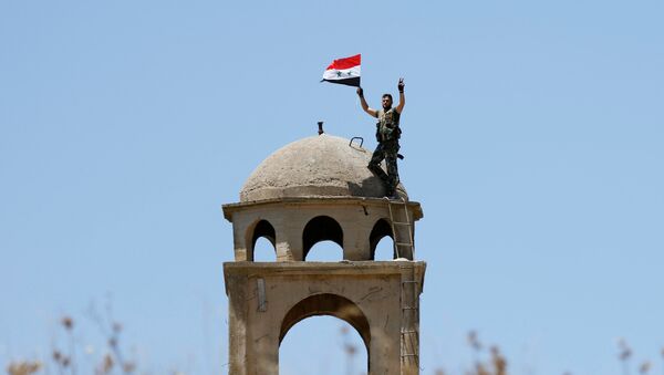 A Syrian army soldier gestures as he holds a Syrian flag in Quneitra, Syria July 27, 2018 - Sputnik International