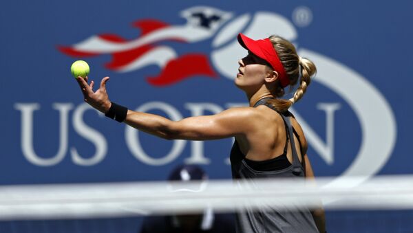 Eugenie Bouchard, of Canada, serves to Evgeniya Rodina, of Russia, during the first round of the U.S. Open tennis tournament, Wednesday, Aug. 30, 2017, in New York - Sputnik International